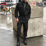 Men Jumpsuit Long Sleeve Solid Pockets Button Cargo Overalls Streetwear Elastic Waist Chic Mens Rompers Pants