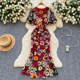 High-End Elegant Heavy Industry Flower Embroidery Round Collar Lantern Sleeves To Close The Waist Slim Slimmed Fishtail Dress