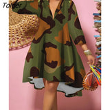 Print A-line Dress Women V-neck Long Sleeve Big Hem Loose Vintage Dress 2022 Elegant Ladies Party