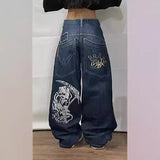 Hip-Hop Skull Printed Jeans For Men And Women High Street Tide Brand Loose Wide-Legged Floor Trousers-Outfit