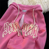 Women Letter Embroidery Hoodies Autumn Winter Retro Zipper Long Sleeve Loose Jacket Coats Y2K Harajuku Casual Hooded Sweatshirts 703-1-Outfit