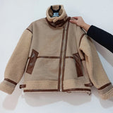 2022 New Fashion Suede Teddy Brown Woman Jacket Vintage Patchwork PU With Zipper Winter Coat Women Female Outwear