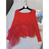 TWOTWINSTYLE Skinny Solid T Shirt For Women V Neck Long Sleeve Patchwork Mesh T Shirts Female Spring Fashion Clothing Style