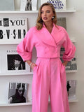 Women Lantern Sleeve Suit Sets Fashion Lapel Double-breasted Straight Pants Outfit Winter Casual Female Two Piece