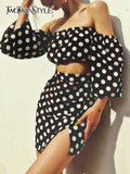 TWOTWINSTYLE Polka Dots Two Piece Set Womens Slash Neck Short Sleeve Tops High Waist Slim Mini Skirts Colorblock Sets Female