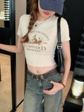 Shoulder Short-Sleeved T-Shirt Female Designer Spice Girl Style Slim Summer T-Shirt Tight Short T-Shirt-Outfit