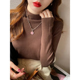 Collar Bottom Shirt Femininity In Autumn And Winter New Wool Long-Sleeved Knitted Shirt Solid Black