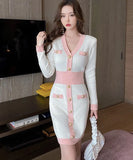 Women V Neck Knitting Dress Chic Autumn Winter Golden Button Hit Color Patchwork Bodycon Mini