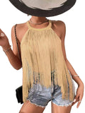 Women's Hot-Selling Solid Color Sleeveless Neck Top Ladies' Fashionable Tassel Beach Swimsuit-Outfit