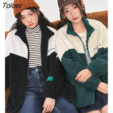 Women Fleece Thick Coat 2022 Winter Long Sleeve Stand Collar Loose Jacket Color Block Streetwear Warm Casual