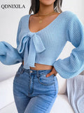 Autumer Winter Knit Elegant Sexy V Neck Chic Women Sweater Lantern Sleeve Pollover Short Bow Tie Korean Style Jumper