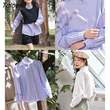 Women Shirts 2023 Spring Long Sleeve Petal Collar Loose Blouse 3D Lace Splicing Four Colors Elegant Chic
