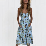 Summer Flower Dress Sexy Spaghetti Strap Floral Printed Sundress Fashion Backless Pocket Sunflower Plus Size Beach