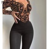 Women Tribal Pattern Flocked Mesh Patch Long Sleeve Jumpsuit 2023 Autumn Europe and America Fashion Women's