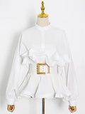 Solid Casual Shirt For Women Stand Collar Long Sleeve Patchwork Sashes Fold Pleated Shirts Female 2022 Spring