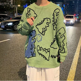 O-Neck Long Sleeve Women's Oversize Sweater Solid Dinosaur Printed Y2k Knitted Sweater Loose Casual Oversized Knitted