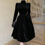 Winter Black Velvet Dress Women French Vintage Turtleneck Long Sleeve High Waist Office Lady A-Line Dress Female