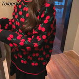 New Autumn Winter Women Cherry Sweaters Long Sleeve O-neck Causal Knitted Pullover Tops Sweet Pull Jumpers Retro
