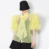 Casual Shirt For Women Bowknot Collar Half Sleeve Sheer Solid Button Through Blouse Female Fashion Clothing