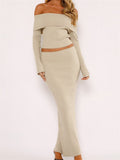 Women 2 Pieces Outfits Slash Neck Off Shoulder Long Sleeve Ribbed Knitted T-shirts Tops Long Skirts Streetwear 2023-Outfit