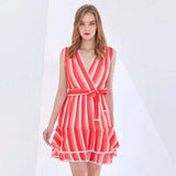 Striped Patchwork Pom Pom Mini Dress For Women V Neck Sleeveless Lace Up Bow Casual Dresses Female Fashion New