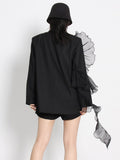 White Casual Blazer For Women Notched Collar Long Sleeve Patchwork Ruffle Trim Solid Blazers Female Fashion