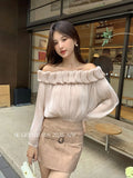 Xixi 2025 Autumn White Standard French Temperament Cloud Out-Shoulder Design Chiffon Long Sleeve Top