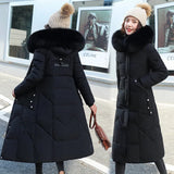 Winter New Fashion Large Size Cotton Clothes Female Long Korean Version Of The Waist Over The Knee And Thick Big Wool Collar Cotton-Padded Jacket Coat-Outfit