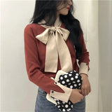 Korean Lacing Bow Sweet Women Pullovers Hit Color Basic Long Sleeve Female Sweaters Elegant Patchwork Sueter Mujer