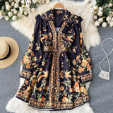 2022 Spring Runway V-Neck Bohemain Short Dress Women Long Lantern Sleeve Single Breasted Floral Print Holiday