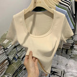 Desire Hot Girls Sexy U-Collar Collarbone Short Navel Chic Blouse Tight Elastic Short-Sleeved T-Shirt Women's Summer Ins Trend-Outfit
