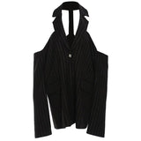 Women Striped Off Shoulder Big Size Blazer New Lapel Long Sleeve Loose Fit Jacket Fashion Tide Spring Autumn 2023