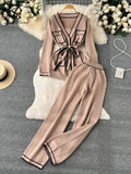 Fashion Sweater Two Pieces Sets Ladies Long Sleeve Knit Cardigan+Wide Leg Knit Long Pant Sets Women OL Knitted
