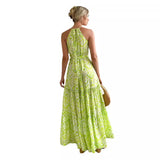 Summer New High-Waisted Beach Print Hanging Neck Dress