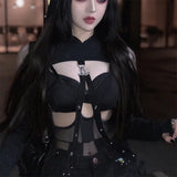 Dark Wind New Summer Fashion Blouse 2024 Round Neck, Long Sleeves, Navel Grid Short Sweater-Outfit