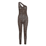 Leopard Print Mesh Skinny Jumpsuit Women One Shoulder Sleeveless Patchwork Fitness Party Activewear Basic Wild Female