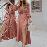 2022 Fashion Casual Long Vestidos Satin Wrap V-neck Long Puff Sleeve Maxi Dresses Women Elegant Pleated Split Party