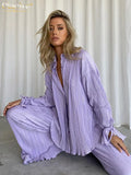 Fashion Long Sleeve Blouse 2 Piece Sets Womens Outfits Casual Loose Black Pleated Pants