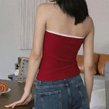 Style Harbor Style Lace Splicing With Neckline Lace Splicing Small Pleats Hanging Neck With Red Bra Vest Summer Style-Outfit