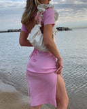 dress 2021 Pink Solid Color Close-fitting Slitdresses for women Turn-down Collar Short Sleeve Ribbed Knitted
