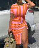 Drawstring Dress Women Fashion Print V-neck Short-sleeved Drawstring Tight Tshirt Dress