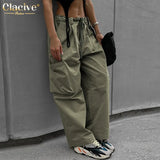 Vintage Loose Green Cargo Pants Women Fashion Lace-Up Straight Pants Streetwear Chic Full Length Trousers Female