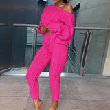Winter Women Knitted Tracksuit Two Piece Set Women Sweater Tops + Elastic Waist Pant Knitted Suit Women Two Piece