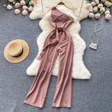 Fashion Sashes Irregular Women Jumpsuits Summer 2022 Solid Temperament Slim Ladies Diagonal Neck Wide Leg