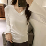 Style Ins Solid Color V-Collar Long-Sleeved Bottomed T-Shirt For Women In Autumn And Winter-Outfit