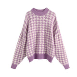 Houndstooth Oversized Knitted Sweater Women Long Sleeve Loose Plaid Pullover Female Autumn Winter Retro Jumper