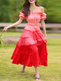 Casual Midi Dress For Women Slash Neck Short Sleeve High Waist Patchwork Colorblock Long Dresses Female Summer