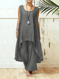 Sets 2023 Two Piece Set Elegant Women Bohemian Party Sleeveless Irregular Tops Wide Leg Pants Solid Leisure Streetwear Suit-Outfit