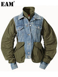 Loose Fit Green Denim Big Size Pleated Jacket New Lapel Long Sleeve Women Coat Fashion Tide Spring Autumn 2023