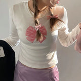 Girls Bow Tie Printed Round Collar Long-Sleeved T-Shirt 2023 Autumn Simple Short Knitted Shirt Girl-Outfit